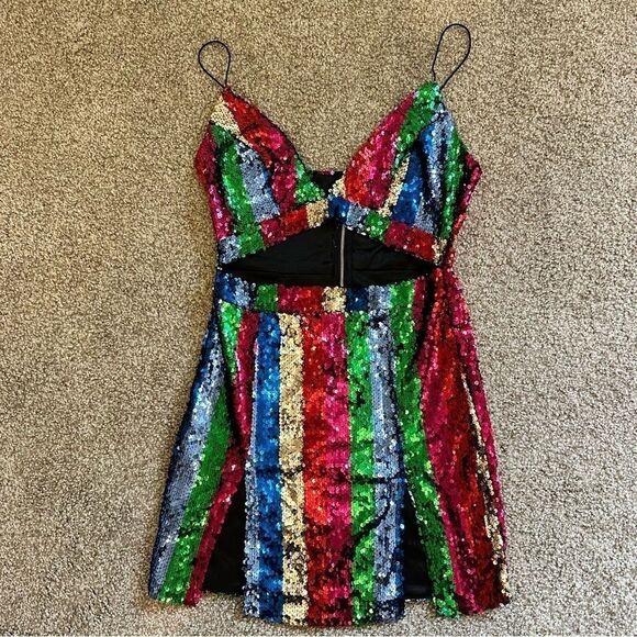 Pretty Little Thing Multi Strappy Plunge Extreme Split Sequin Bodycon Dress - Picture 2 of 8